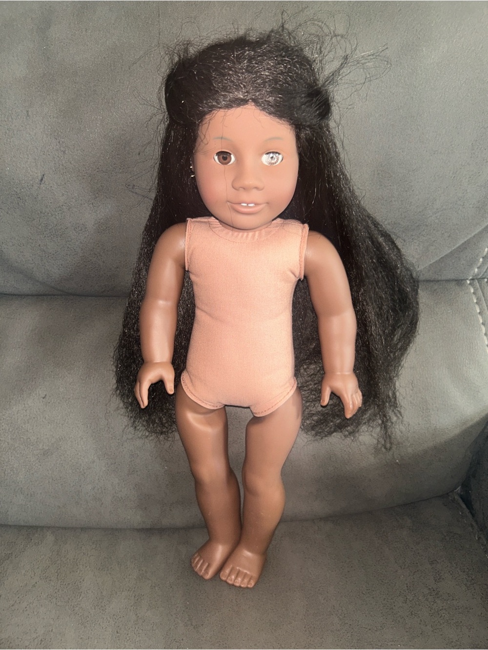 American Girl Doll with Long Black Hair and Peach Outfit